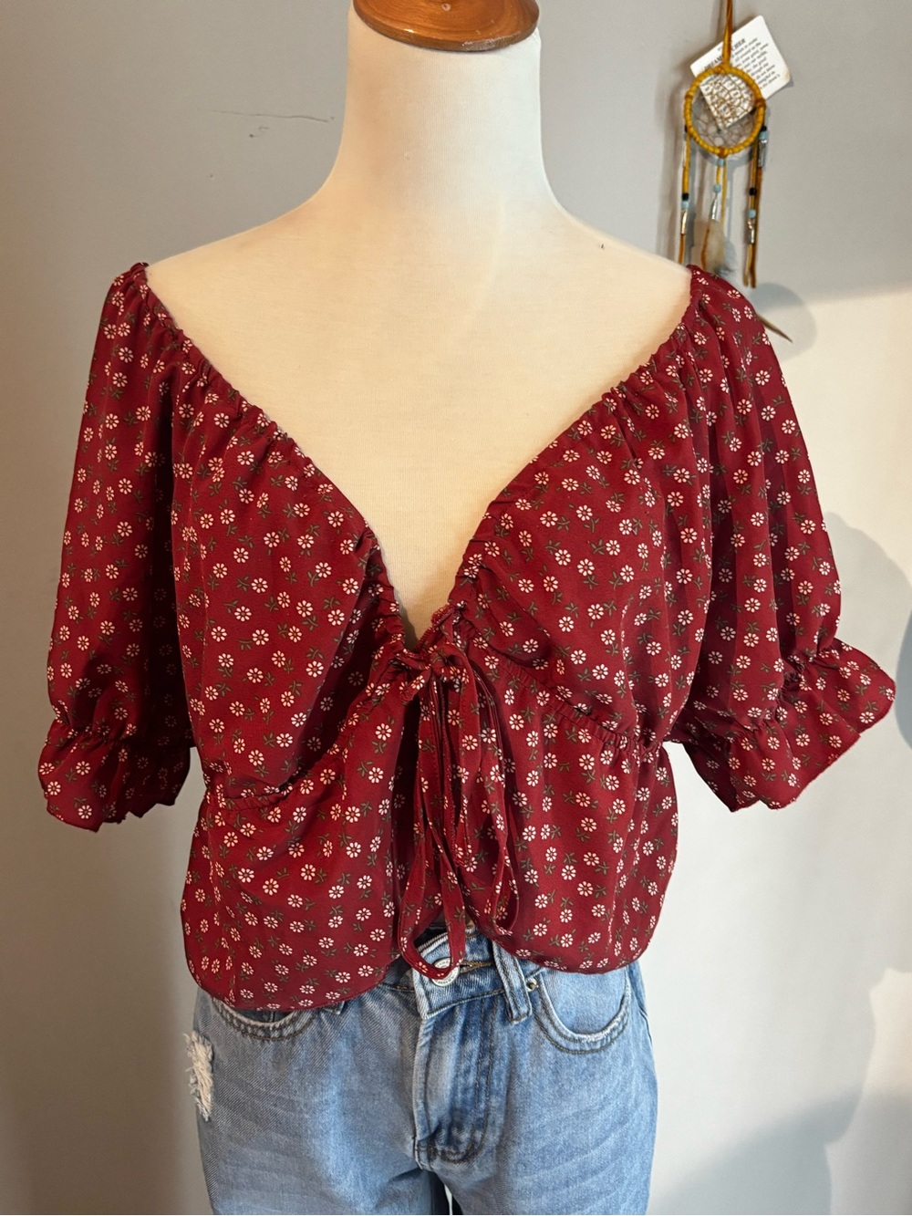 Burgundy Daisy Floral Tie-Front Peasant crop Top